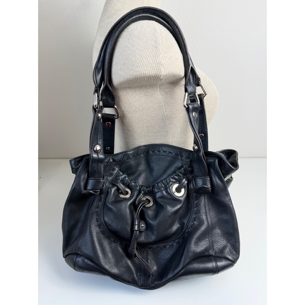 B Makowsky Genuine Leather Satchel Black Y2K Boho Slouchy Purse Bag Mob Wife
